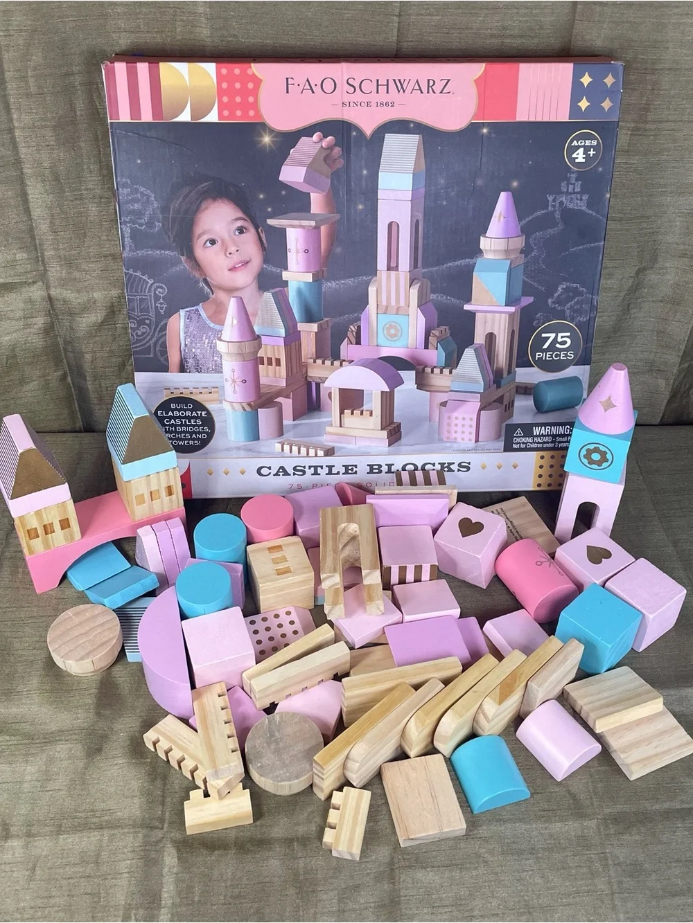 FAO Schwarz Princess Castle Wooden Buildng Blocks Pastel Colors - Used 68 Pieces